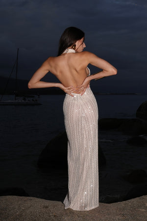 Vestido Longo Bordado Paetê Decote Costas