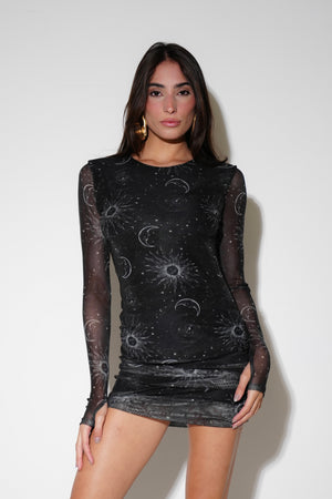 Vestido Tule Manga Longa Pandora Mystic Preto
