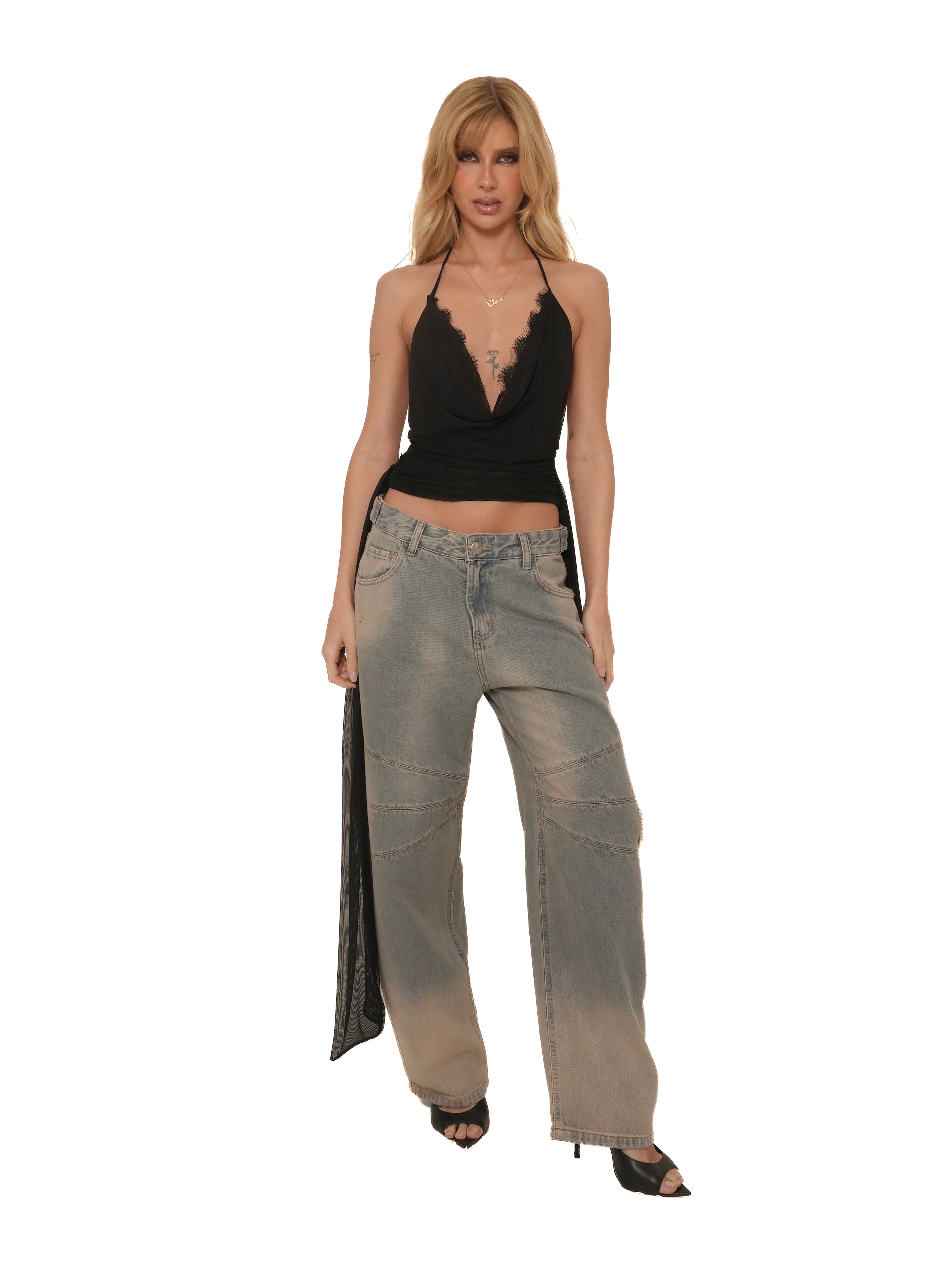 Blusa Tule Renda Amarração Preto