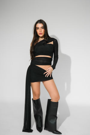 Vestido Tule Transpassado Manga Longa