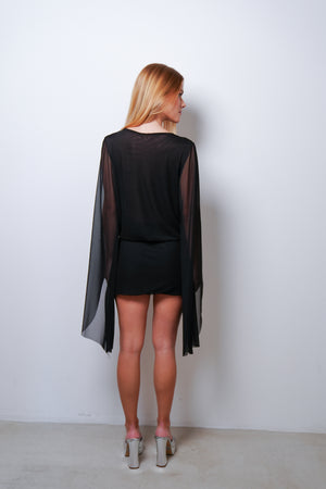Vestido Tule Manga Longa Decote