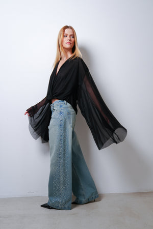 Blusa Tule Decote Manga Longa