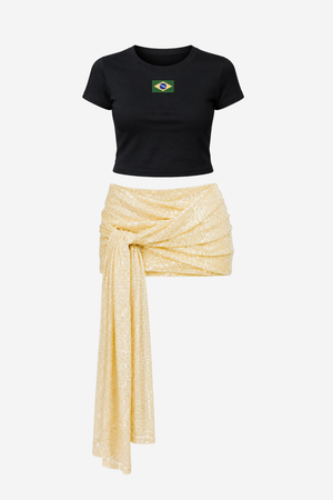 Kit Baby Tee Brasil + Saia Paetê Amarração Ultra Glow