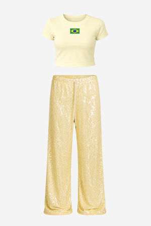 Kit Baby Tee Brasil + Calça Paetê Ultra Glow