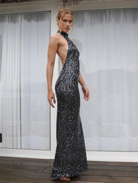 Vestido Longo Bordado Paetê Decote Costas