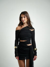 Vestido Tule Transpassado Manga Longa