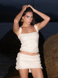 Mini Saia Bordado Paetê Franzida