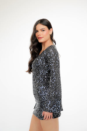 Vestido Bordado Paetê Decote Duplo